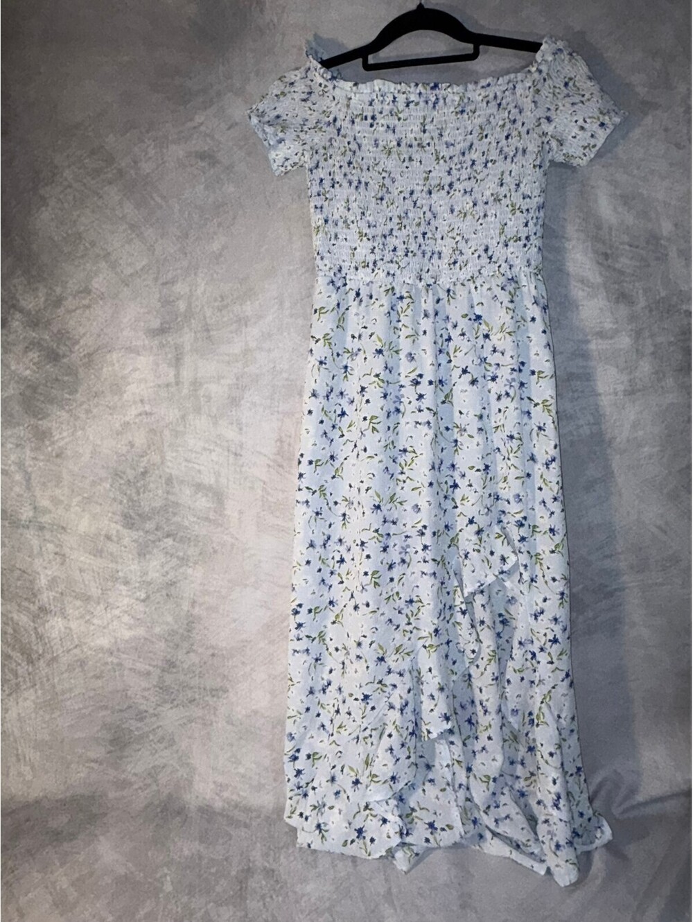 Crystal Doll Women's Small Light Blue Floral Off Shoulder High Low Maxi Dress